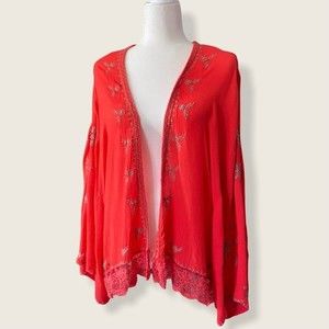 Free People Embroidered Kimono Jacket in Fire Red